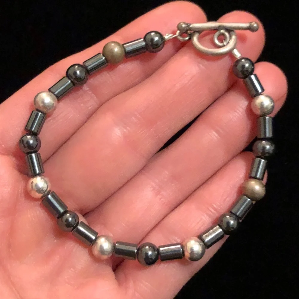 Vintage Hematite and Silver Tone Beaded Bracelet